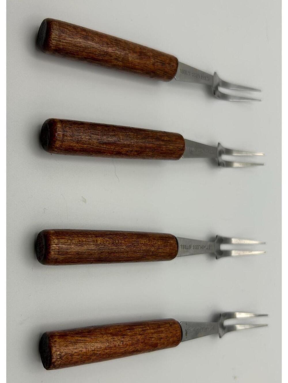 MCM cocktail forks with stainless steel tines and wood handle. Set of five. - Picture 5 of 5